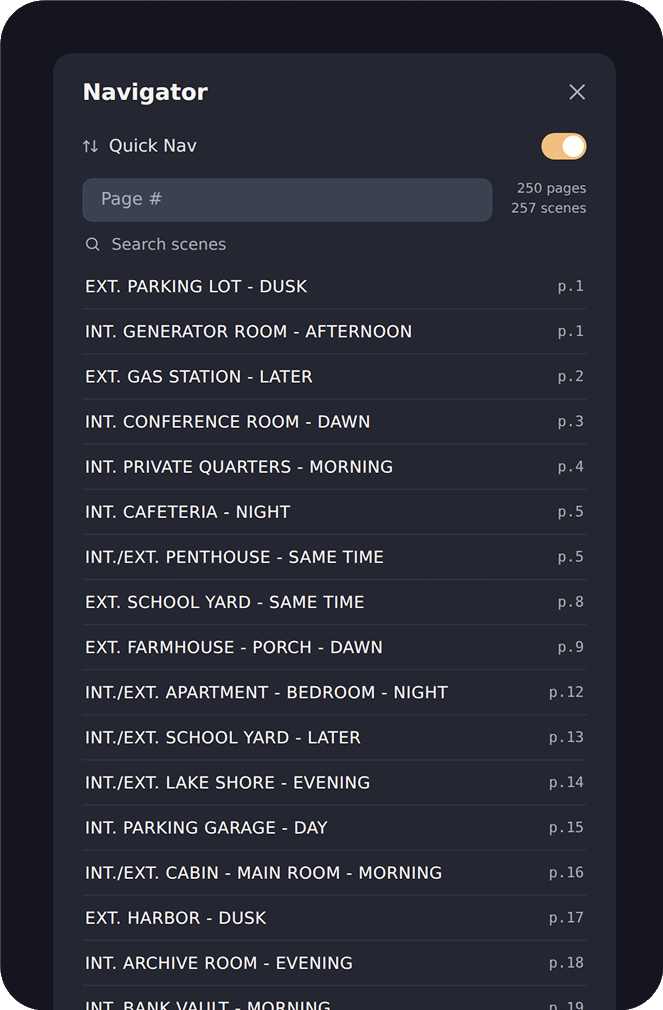 The Navigator panel: a Quick Nav toggle, a page-number jump field, a scene search box, and a list of scene headings each with its page number, plus a 250 pages / 257 scenes count.