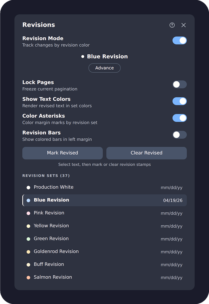 The Revisions panel: Revision Mode toggle set to Blue Revision, an Advance button, Lock Pages, Show Text Colors, Color Asterisks, and Revision Bars toggles, Mark Revised and Clear Revised buttons, and a list of 37 revision sets in WGA color order.