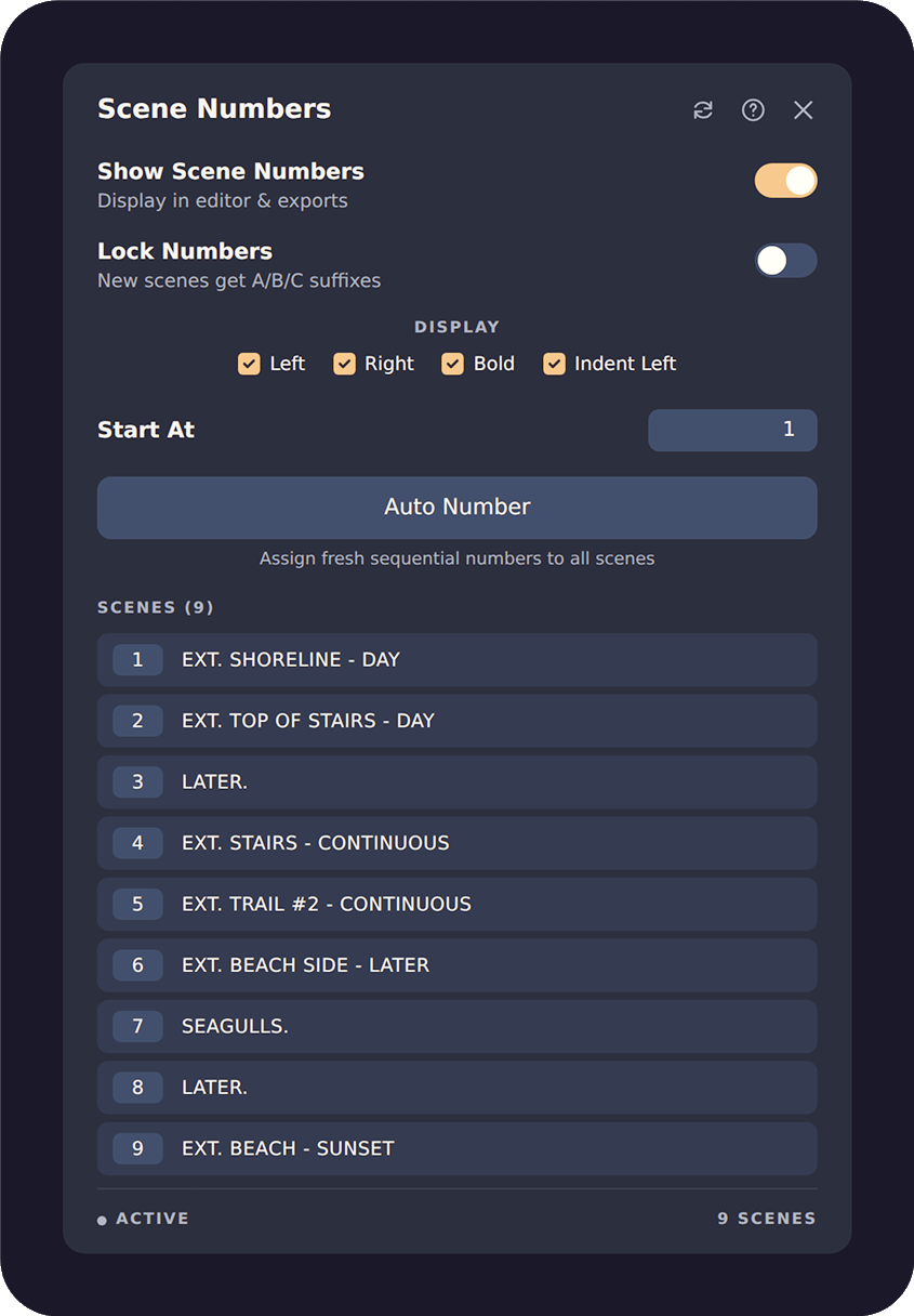 The Scene Numbers panel: Show Scene Numbers and Lock Numbers toggles, Display options (Left, Right, Bold, Indent Left), a Start At field, the Auto Number button, and a numbered list of nine scenes.